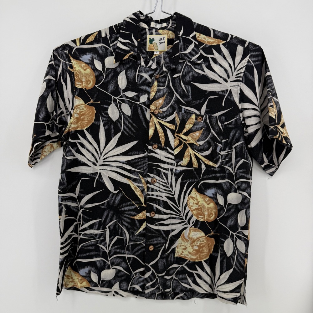 M.E. Sport Button Down Mens M Black White Gold Rayon Tropical Leaf Camp Shirt
